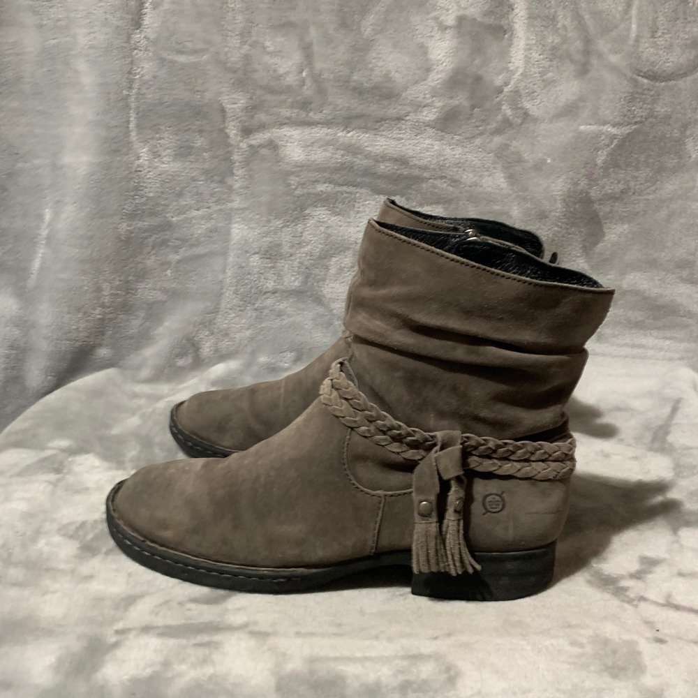 Born Gray Suede Leather Slouch Ankle Boots Braided Tassel F53922 Womens 9.5 M